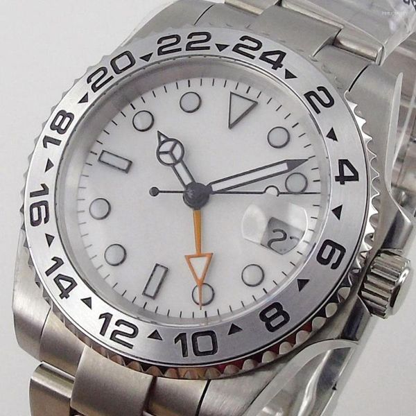 Armbanduhren Orange GMT 40 mm automatische Herrenuhr, Stahllünette, gebürstetes Oyster-Armband, Saphirglas, abgeschirmte Krone
