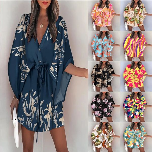 Moda manga morcego impressão rendas mini vestido para mulheres sexy decote em v casual solto boho férias vestidos curtos mulher verão