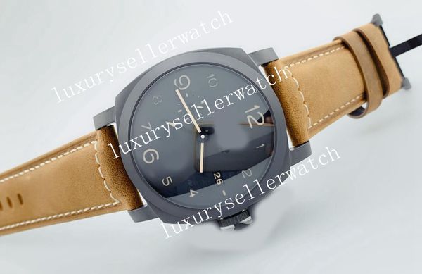 Herren-Armbanduhr Super Factory Top Edition Miyota 9015 44 mm, 441, schwarzes Zifferblatt, schwarze Hilfszifferblätter, braunes Assolutemente-Leder mit Pre-V-Dornschließe