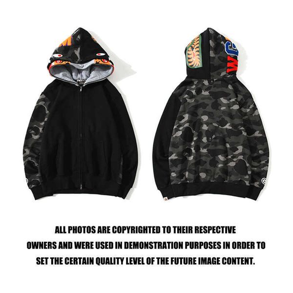 Modemarke Shark Tiger Head Double Hat Camouflage Stitched Sweater Street Coat Hoodie