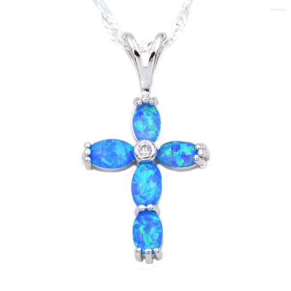 Satışta Zincirler Christian Cross Design Blue Fire Opal Kolye Kolye