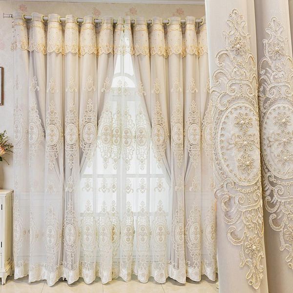 Cortina de cortina de luxo com flores em relevo bordado cortinas de blackout de camada dupla 3d pérola floral tule pura de tule de estar cortina de quarto personalizada