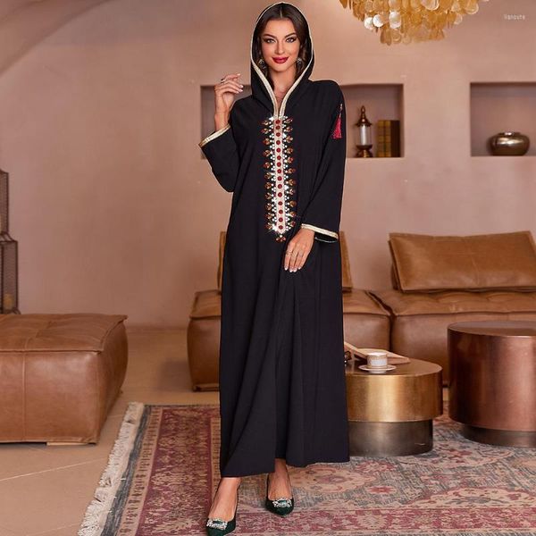 Abbigliamento etnico Wepbel Abito musulmano nero con cappuccio Abaya Hijab Donna Cucito a mano Cucitura a trapano Nastro dorato Medio Oriente marocchino