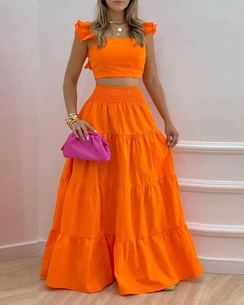 Duas peças Vestido de verão Feminino Feminino Hot Style Ruffled Suspenders Pleated Back Crop Top e Long Skio