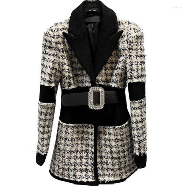 Abiti da donna 2023 primavera piccolo blazer di tweed pied de poule profumato donne strass cintura tessuto Ol outwear