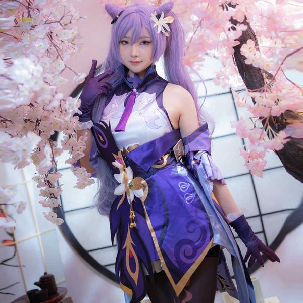 Costumi Anime Gioco Anime Genshin Impact Keqing Hutao Cosplay Uniforme Kimono Vieni Parrucca Set Completo Halloween Coda di Cavallo Capelli Viola Panno Cosplay Z0301