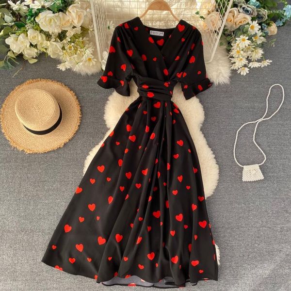 Casual Kleider Französisch Stil Sommer Liebe Gedruckt Chiffon Kleid Frauen V-ausschnitt Schlanke Taille Große Schaukel A-linie Strand