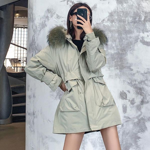 Cappotto invernale da donna in pelliccia sintetica Parka da donna, colletto in vero pelo di procione, fodera con cappuccio, giacca di media lunghezza, allacciatura, capispalla