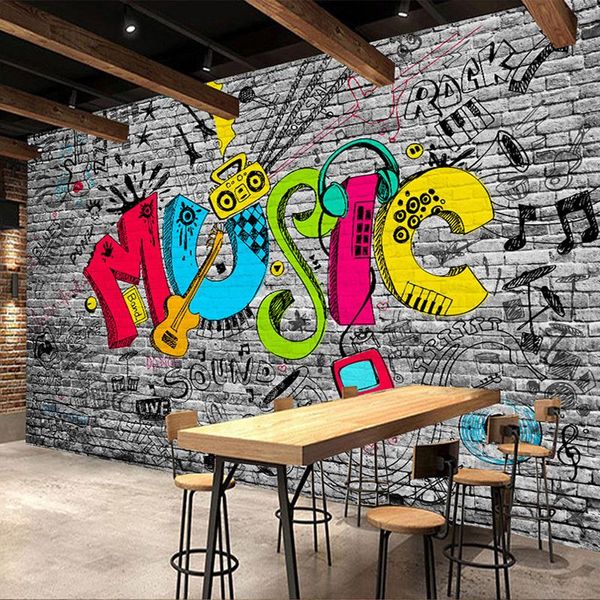 Sfondi Drop Carta da parati murale personalizzata Creative Graffiti Art Music Brick Painting KTV Decorazione domestica Carta da parati Pianta