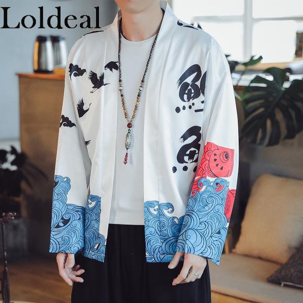Camicie casual da uomo Kimono sottile nero stampato Loldeal Uomo Streetwear Oversize Losse Giacche Capispalla