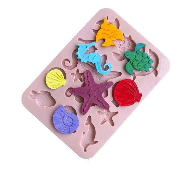 13 Cavity Marine Life Silicone Mold, mar conchado, golfinho, cavalo -marinho, estrela do mar, molde de silicone de tartaruga para decoração de bolo, chocolate Candy Sugar 1224320