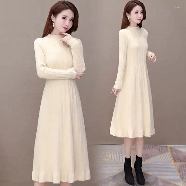 Casual Kleider Winter Warme Nachahmung Nerz Kaschmir Kleid Frauen Elegante Halb Turleneck Gestrickte Pullover Schlank Midi Vestido De Mujer