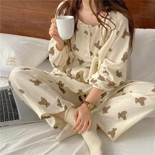 Kadın pijama 100% pamuklu gazlı bez kadın pijama bornoz setleri dantel uzun kolu 2 adet gecelik eşofman rahat pantolon pijama takım elbise 230303