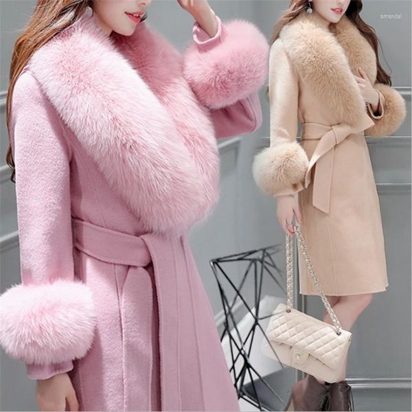 Delle donne di Lana Delle Donne Coreano Inverno Lungo Soprabito Capispalla Cappotto Cardigan Allentato Grande Collo di Pelliccia Manica Cintura Manteau Femme Hiver Elegante