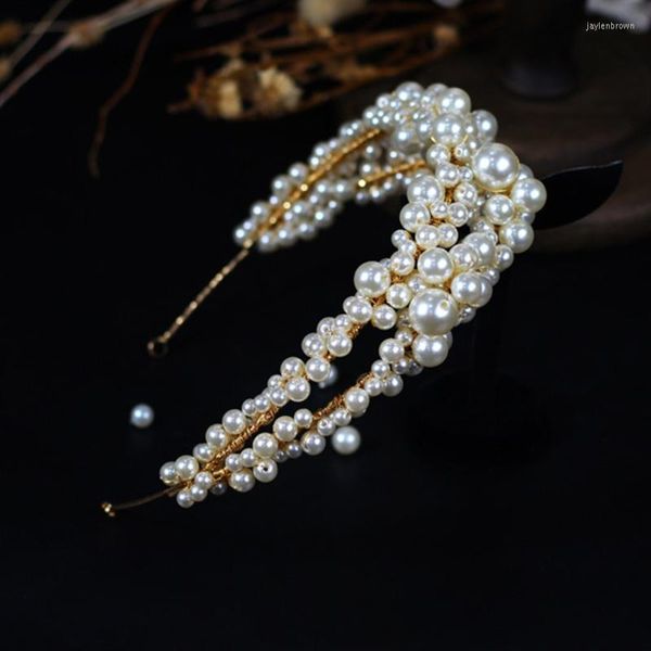 Copricapo Donna Perla Tiara Corone Fascia per capelli Perle Copricapo di perline Cerchio d'oro per la sposa Copricapo delicato Copricapo per feste