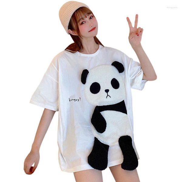 Camisetas femininas Summer Flocking Cartoon Panda Padritching Mulheres Kawaii Top Meninas de Moda de Moda de Moda Hip Hop
