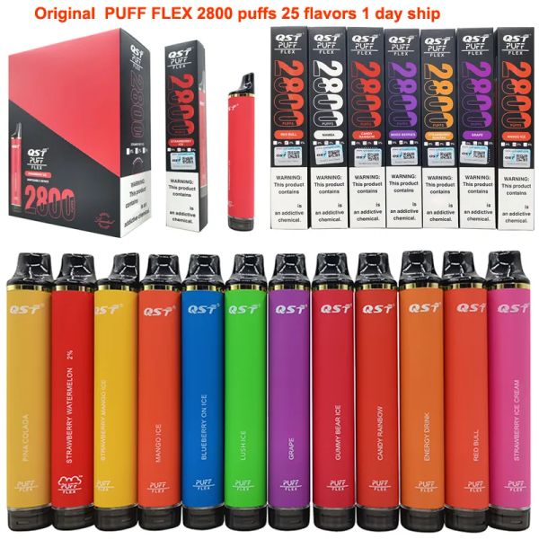 Высочайшее качество PUFF FLEX 2800 Puffs Одноразовые батончики Vape Pen Аккумулятор 1500 мАч Картридж для капсул 10 мл Предварительно заполненный испаритель для электронных сигарет Портативный пар