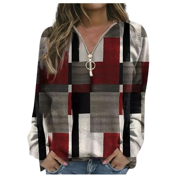 Magliette da donna Natale Oversize Ladies Casual scollo a V scozzese color block maglione a maniche lunghe con cerniera Top donna vestiti Ropa Mujer