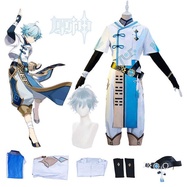 Anime Kostüme Spiel Genshin Impact Cosplay kommt Anime Kleidung Chongyun Uniform Halloween kommen Anzug Perücke Party Kostüm für Männer Frauen Z0301