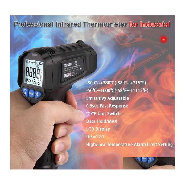 Instrumentos de temperatura DVR de carro Termômetro a laser não contacto pirômetro de pirômetro infravermelho medidor digital 600 LCD Termeter / Light Alarm 210719 dr dh2nb