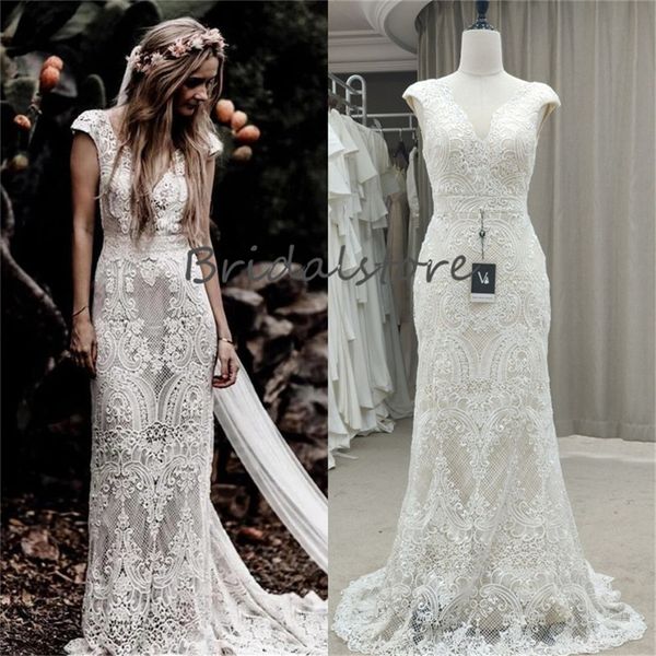 Chic encaje Boho vestido de novia 2023 elegante sirena país manga casquillo vestidos de novia para novia bohemio cuello en V princesa vestidos de novia jardín Vestido De Noivas