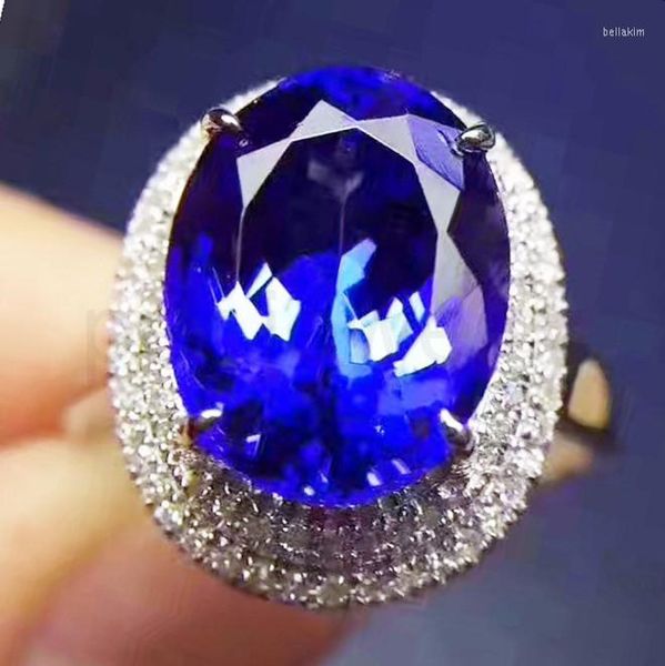 Cluster-Ringe, blauer Saphir, luxuriöser großer Ring, 925er Sterlingsilber, 12 16 mm, 14 Karat Edelstein, feiner Schmuck für Damen, X2110291