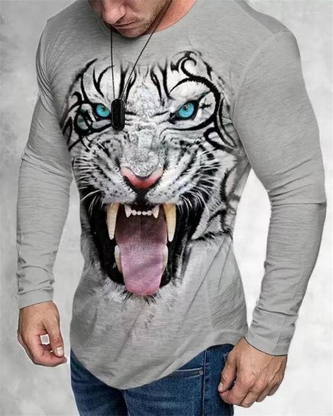 Camisetas masculinas Camisa masculina de algodão de manga comprida tigre tigre Roupas vintage o pescoço de peco enlutado