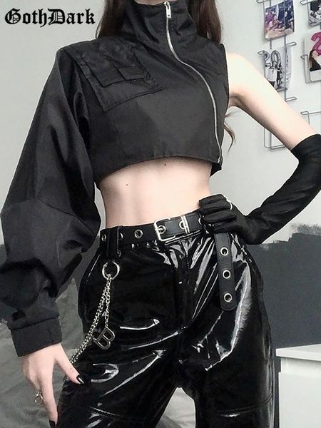 Damenjacken Goth Dark Grunge Schwarz Punk Unregelmäßiger Reißverschluss Techwear Mall Gothic Neongrün Crop Tops Rollkragen Chic Ärmel Streetwear 230302