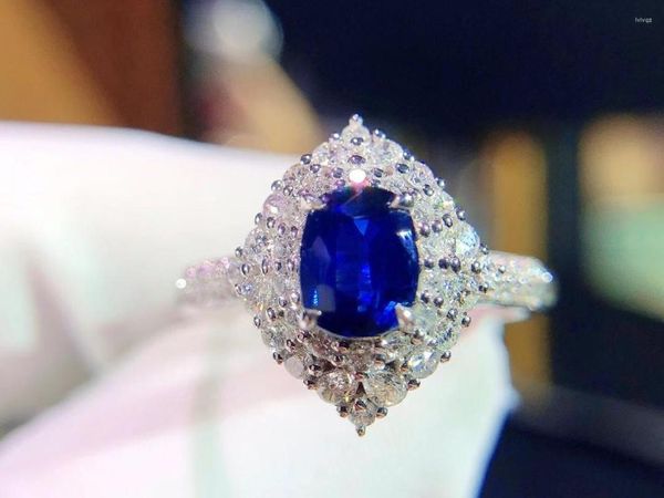 Cluster Rings H124 Anello con zaffiro blu 1.0ct Real Pure 18 K Natural Unheat Royal Gemstone Diamonds Stone Female