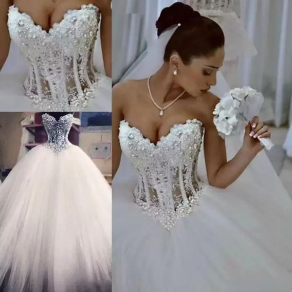 Vestidos de bola vestidos de noiva espartilho de coração ver através do piso Princess Bridal vestidos de miçangas pérolas de renda personalizadas feitas de plus size