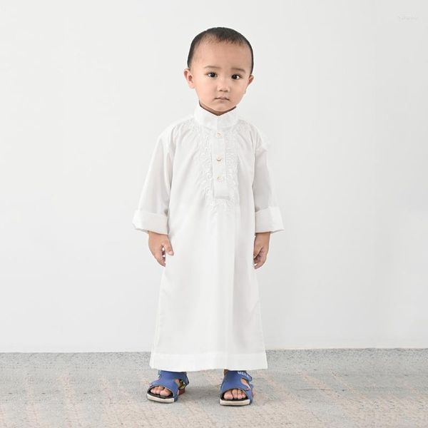 Roupas étnicas meninos Jubba thobe muçulmano abaya homem islâmico garotos brancos manto branco bordado longa camisa longa qamis Men Middle Oriente 2023