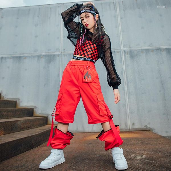 Abbigliamento da palcoscenico Abiti da ballo Hip Hop per ragazze Gilet a rete rossa Top a rete Pantaloni cargo Bambini Abbigliamento da strada Hiphop Spettacolo jazz Outfit203A