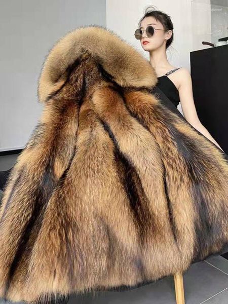 Cappotto invernale in pelliccia di procione con fodera rimovibile in pelliccia da donna per donna, colletto largo femminile allentato con lunghezza medio-lunga 2023