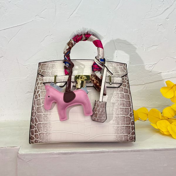 Crocodile Handbag Women Shoulder Bag Fashion Plain Genuine Leather Lady Satchel Crossbody Purse Gold Hardware Lock Decoration with Pony Accessories And Ribbon