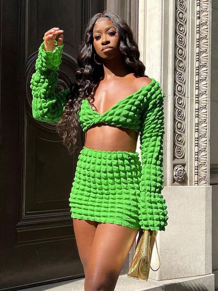 Abiti da lavoro Sunny Waffle Solid Set a due pezzi Donna Autunno Elegante scollo a V Manica lunga Crop Top Gonne Skinny Trend Matching Streetwear