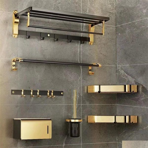 Mensole da bagno Accessori per punch Oro nero Scaffale di lusso Spazio Organizzatore in alluminio Porta WC Asciugamano 220527 Consegna a domicilio Ga Dhelh