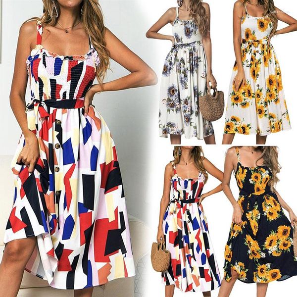 Casual Kleider Ankunft Frauen Frühling Sommer Kleid Sonnenblumen Druck Rüschen Taste Weibliche DSA