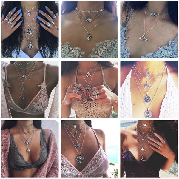 Anhänger Halsketten Boho Antik Silber Farbe Elefant Blatt Whale Tail Choker Multi Layer Halskette Kragen Für Frauen Schmuck