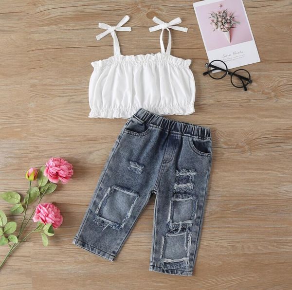 Toddler Baby Kid Girl Clothes Set Camicia bianca jeans strappati Abiti Bambini Ragazze Costumi Estate