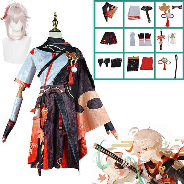 Costumi Anime Genshin Impact Kaedehara Kazuha Cosplay Come Halloween Carnevale Samurai Come Parrucca Occhiali Rossi Z0301