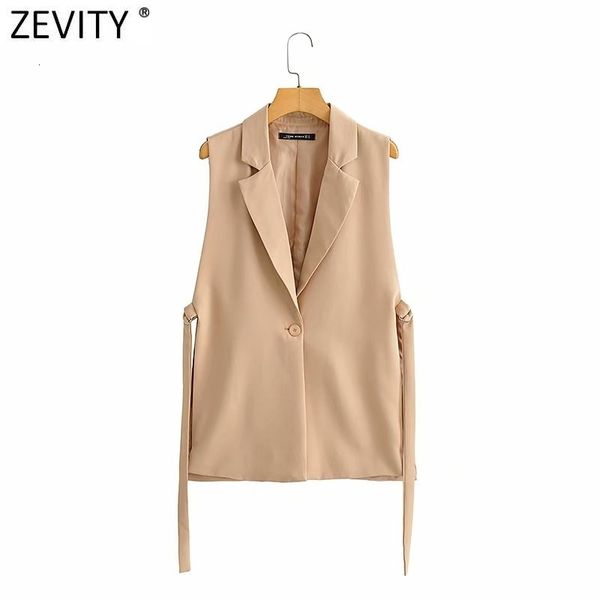 Jaquetas femininas Zevity Mulheres Moda Sólida Side Split Um Botão Colete Vintage Feminino Sem Mangas Outerwear Terno Chic Outwear Colete CT734 230302