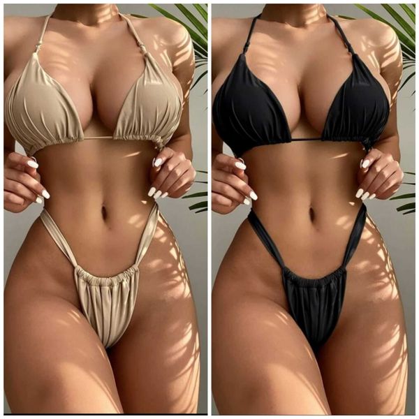 Micro Bikinis Feminino Extreme sexy 2022 verão de duas peças conjunto de maiô de banho sólida de roupas de banho baixa mulher tanque nu tankini preto BIQUINI T230303