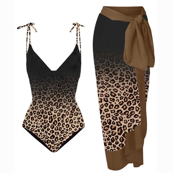 Damen-Bademode, Leoparden-Farbverlauf, einteiliger Badeanzug und Cover-Up, Damen-Sommerkleid, V-Ausschnitt, String-Bikinis, sexy Schnür-Badebekleidung, Badeanzug T230303