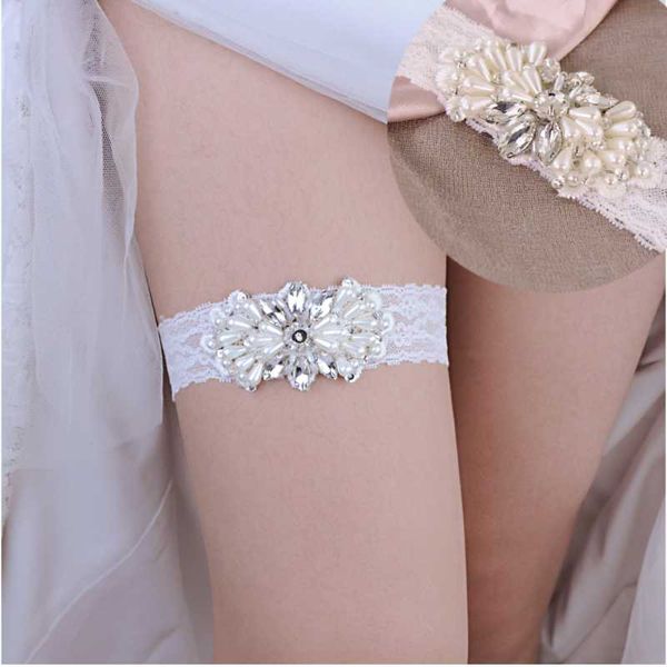 Fusciacche da sposa TOPQUEEN Design Elastic Trim Pearl Applique Reggicalze Fashion Stocking Ring Gamba da sposa fatta a mano THS35