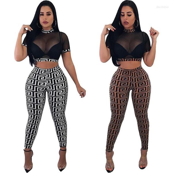 Damen Zweiteilige Hosen Frauen Sexy Kleidung Set Sommer Mesh Transparent Kurzarm Crop Top Skinny Bleistiftanzug Party Club Wear 2 Stück