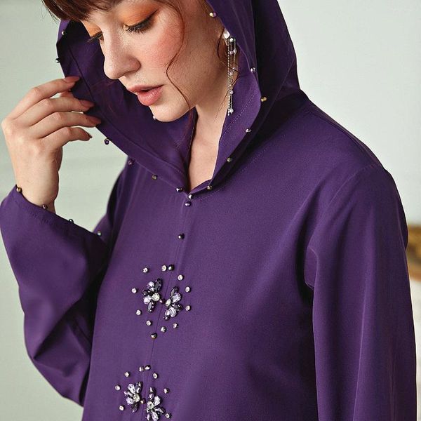 Abbigliamento etnico Viola Marocco Cucito a mano Abito con cappuccio con diamanti Medio Oriente Dubai Abito musulmano Donna Abaya Vistidos Musulmana Modesto