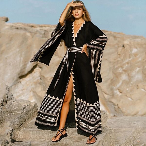 Lässige Kleider 2023 Strand Sommer Party Maxi Outfits für Frauen Sexy V-Ausschnitt Badeanzug Cover Up Boho Bohemian Kleidung Kaftan Robe 230303