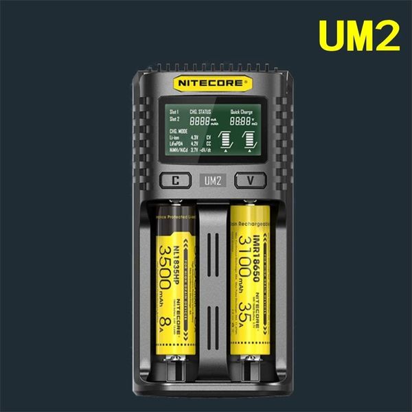 NITECORE UM4 UM2 C4 VC4 LCD Smart Battery Charger para Li-Ion/IMR/INR/ICR/LIFEPO4 18650 14500 26650 AA 3.7 1,2V 1,5V Baterias D4