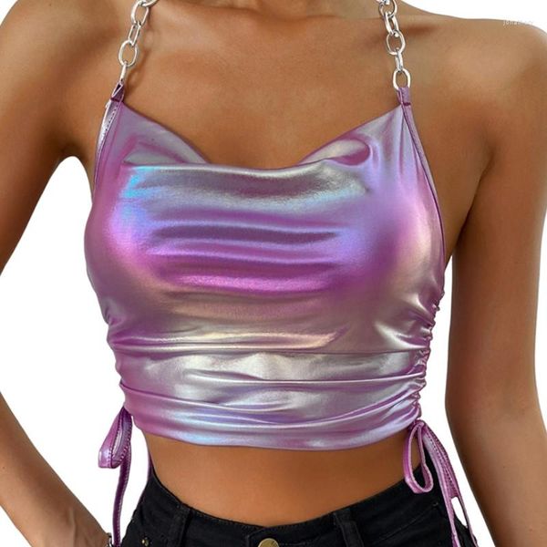 Canotte da donna Canotta da donna Y2k Abbigliamento Crop Top Estate 2023 T-shirt Corsetto Catena di metallo Allacciatura al collo Abbigliamento estetico vintage Streetwear