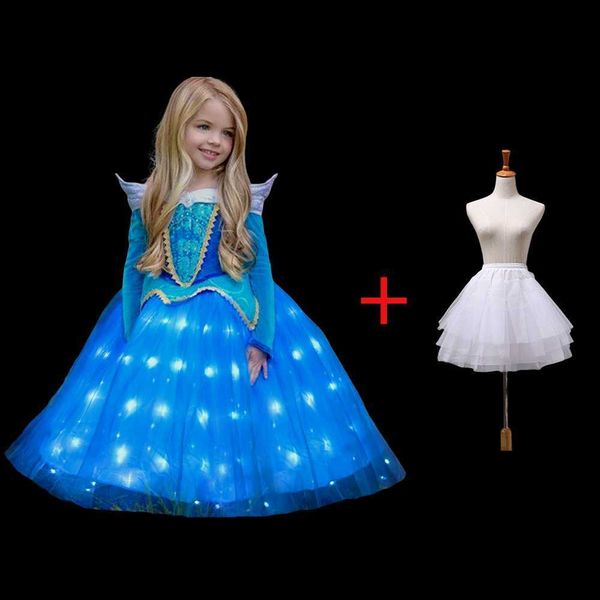 Vestidos da menina personagem do filme vem princesa led light up vestido azul glamour menina cosplay carnaval presente de aniversário vestido de festa vestidos de noite